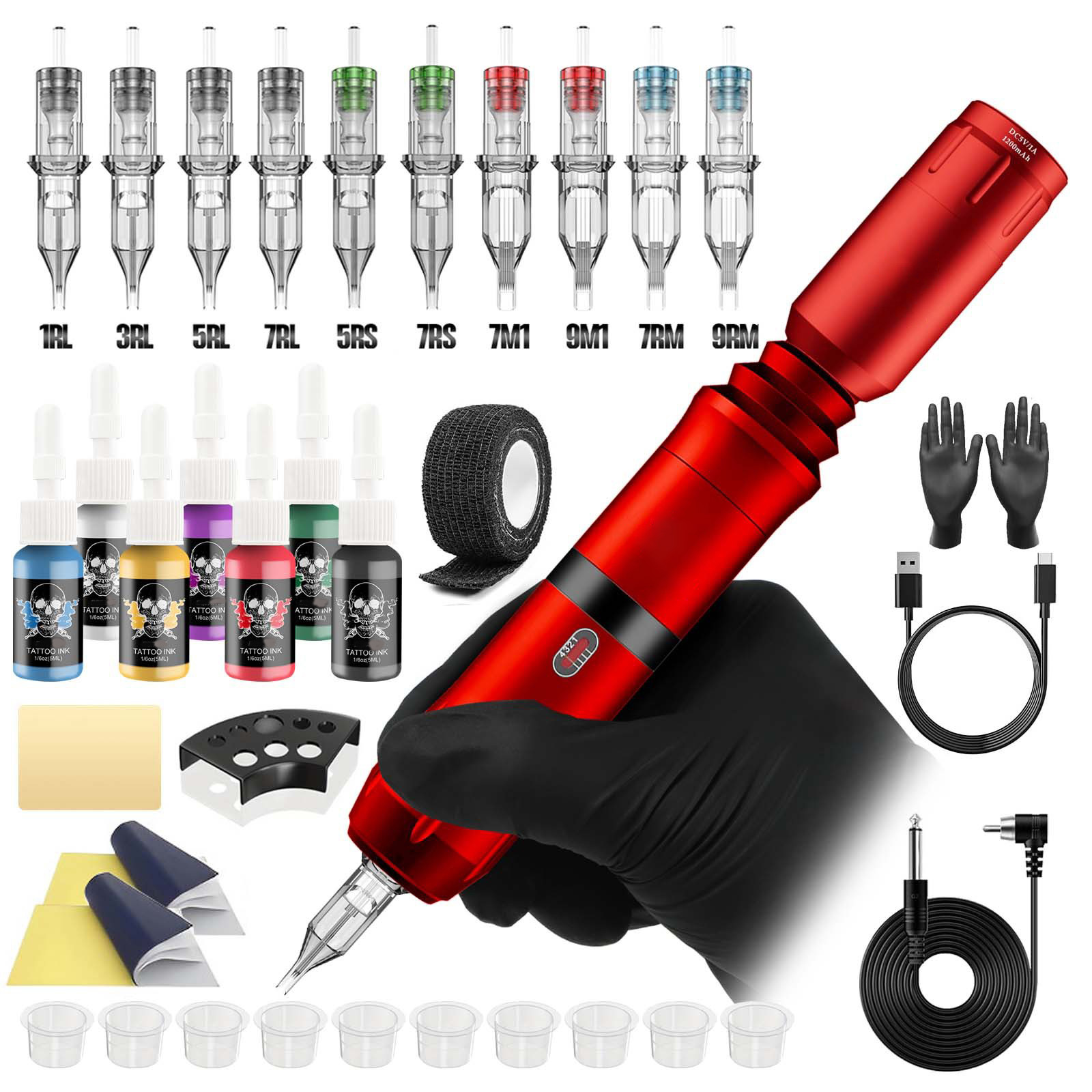 TTP Tattoo Machine Kit Rotary Tattoo Machine with Dual Batteries & 10 PCS Cartridges