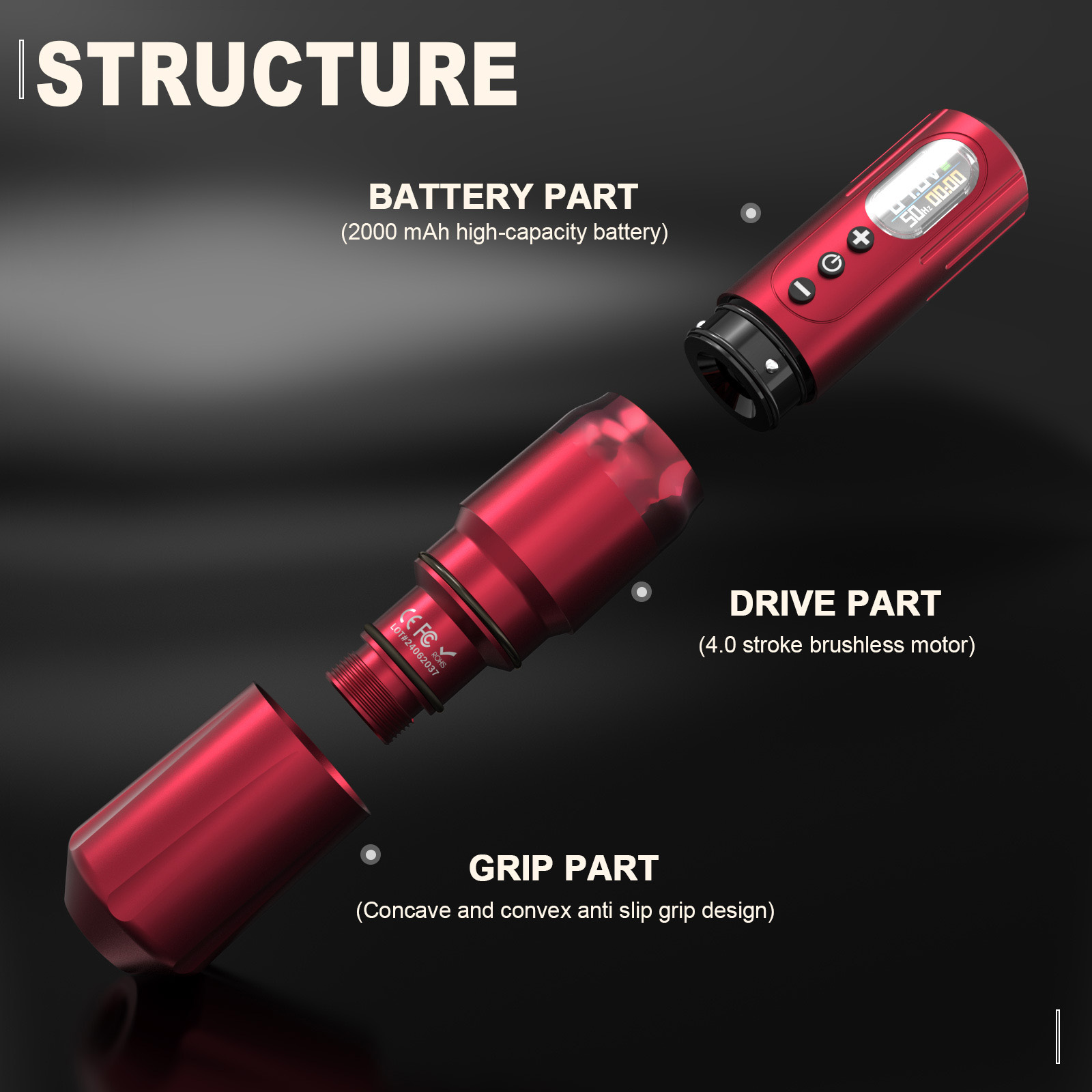 TTP Adjustable Stroke Wireless Tattoo Machine Dual Batteries - view 3