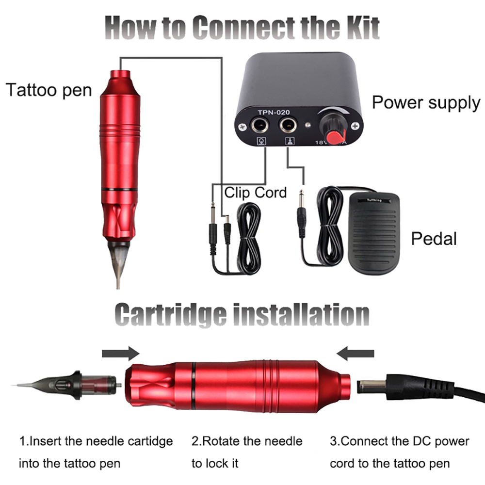 TTP Tattoo Machine Kit Rotary Tattoo Machine with Dual Batteries & 20 PCS Cartridges - 8